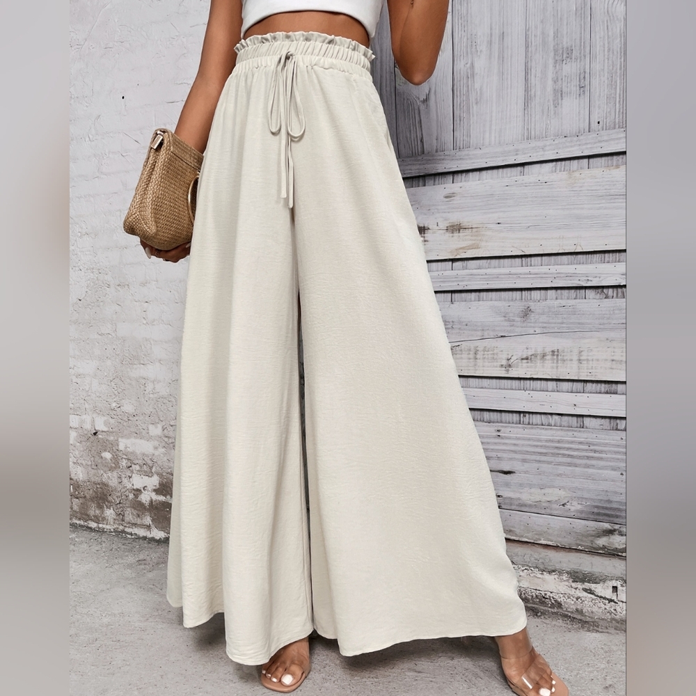 Cream Wide-Leg High Waist Pants